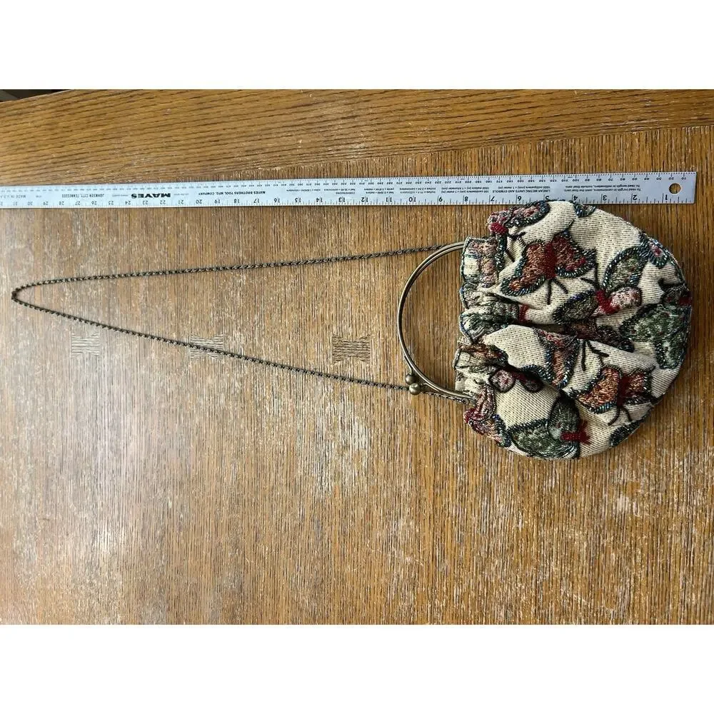 Vintage Beaded Butterfly Tapestry Purse W/Kiss Lock Clasp Handle Or Chain Strap